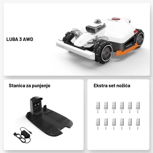 Mammotion LUBA 3, profesionalna robotska kosilica AWD 10000, 165 W, 15Ah, dvostruki rezni disk 400 mm, košnja do 10000 m², tri-fusion pozicioniranje, GPS + zaštita od krađe