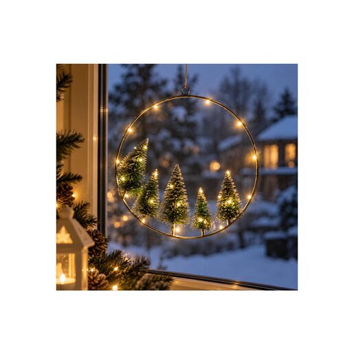 DEKORTREND LED metalni kružni ukras s božićnim drvcima 31 cm, 30 LED, toplo bijela, na baterije