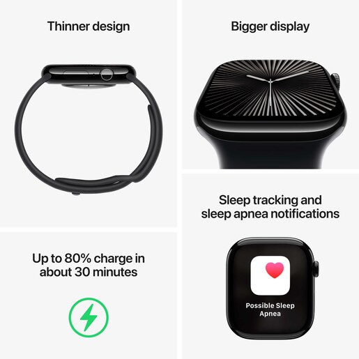 Apple Watch Series 10 GPS 46mm Jet Black Aluminium Case with Black Sport Band - M/L, pametni sat RA