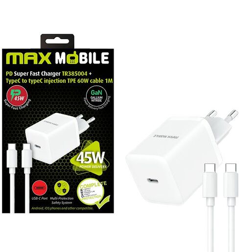 MaxMobile brzi kućni punjač, GaN, PD, 45W, USB-C + kabel RA