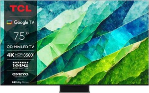 TCL MiniLED QLED TV 75C855, 4K Ultra HD, Google Smart TV, 144Hz Motion Clarity PRO, Game Master Pro 3.0, 2.1.2 ONKYO Dolby Atmos **МОДЕЛ 2024**