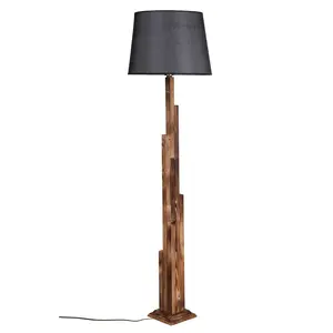 534LUN2217 Подна ламба Kule Yanık Ahşap Lambader Pramit Hasır Siyah Abajurlu