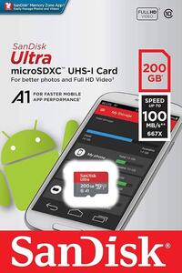 MEMORY CARD SANDISK MICRO-SDXC UHS-I 200GB ULTRA A1C10 w/adapter 100mb/s SDSQUAR-200G-GN6MA