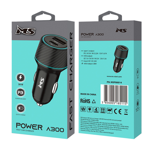 MS POWER A300 QC брз полнач за во кола, 38W