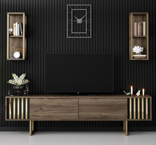 ТВ комода + ѕидни полици Gold Line - Walnut, Black 618BLY1147