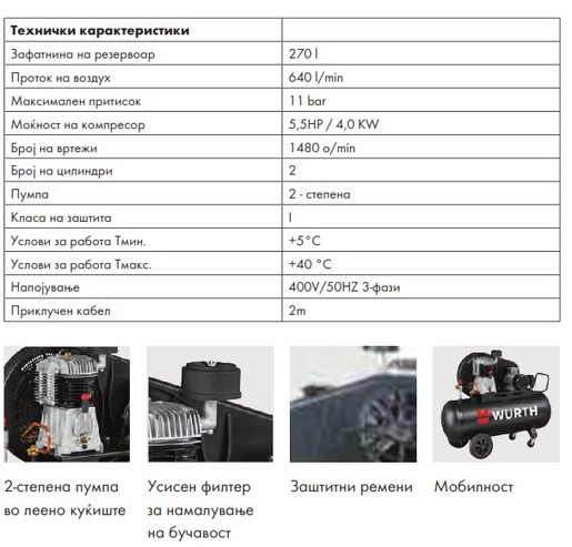 Wurth Компресор, клипен, К270, 270l, 640l/min