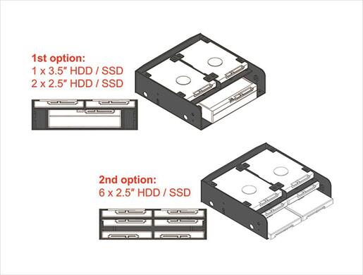 CASE mount 6x  2,5" HDD/SSD/ 1x 3,5" + 2x 2,5" ; 5.25" Delock 18217