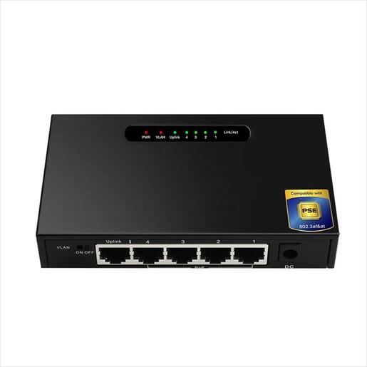 NET Switch DIEWU 5-port 10/100/1000, TXE194 MTK7530+PSE(DH2184), 4x1GPOE + 1xUplink, METAL BLACK