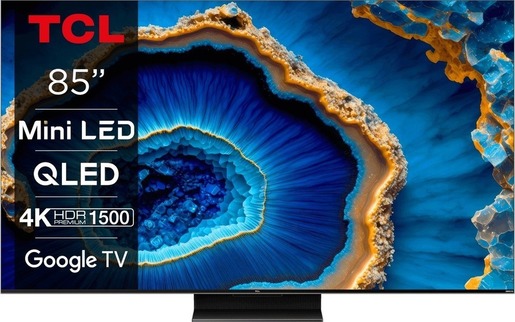 TCL QD-Mini LED TV 85C803, Smart TV, 4К QLED, 144 Hz, AiPQ Pro, Google TV, Dolby Atmos, Dolby Vision IQ, HDR10