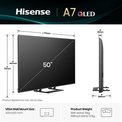 Hisense QLED TV 50A7Q, Smart TV, 4K UHD, DTS Virtual X, VIDAA Smart OS, Dolby Vision, Dolby Atmos