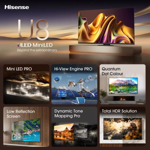 Hisense ULED Mini-LED TV 65U8NQ, Smart TV, 4K UHD, DTS Virtual X, VIDAA Smart OS, Dolby Vision IQ, Dolby Atmos, Quantum Dot Colour, Full Array Local Dimming