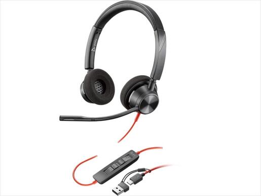 HEADPHONES POLY Blackwire 3320 w/microphone,USB-C + USB-C/A Adapter  8X219AA