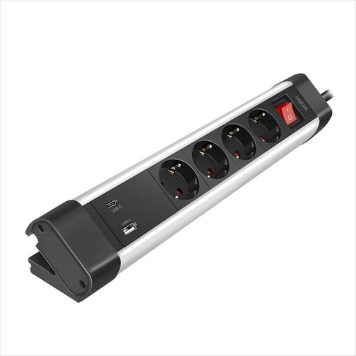 CABLES EXTENSION LOGILINK 1,5m, 4xSHUKO, 1xUSB A, 1x Type C(Fast chagre 20W), 3x1,5mm, aluminium, w/ON/OFF switch, desk holder