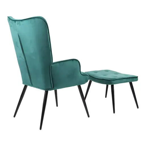 255-000080 Siella фотелја со табуретка темно зелeн велур-црни метални ногарки