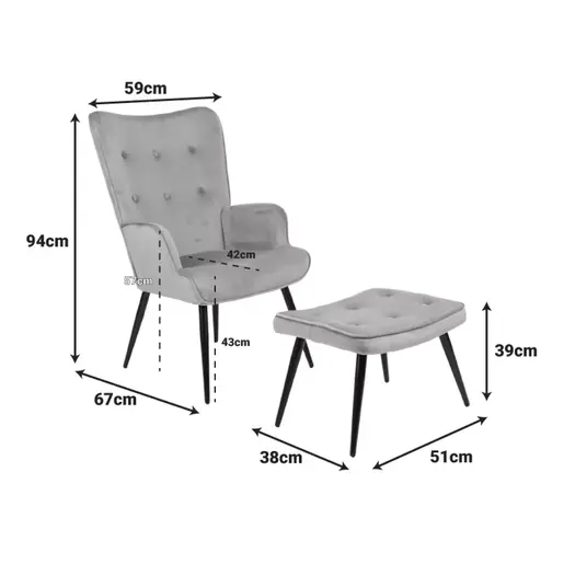 255-000080 Siella фотелја со табуретка темно зелeн велур-црни метални ногарки