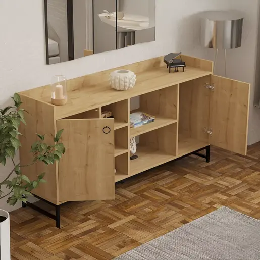 120-000573 Delta комода во дабова боја со црни метални нозе 160x40x85cm