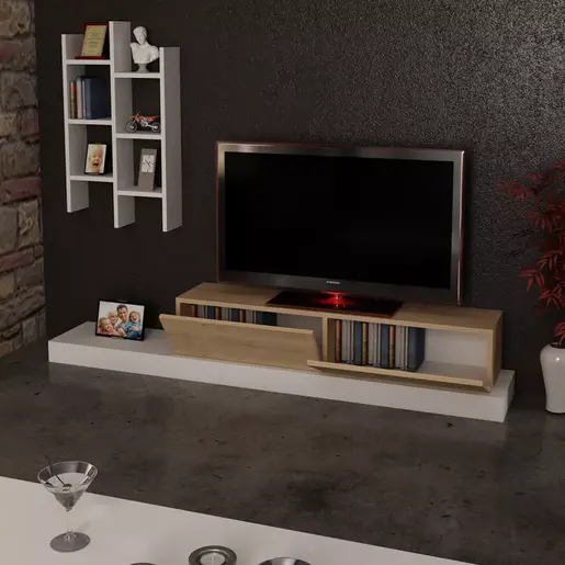 120-000489 ТВ комода Rumba – меламин, бело-дрвена 180x30x31 cm