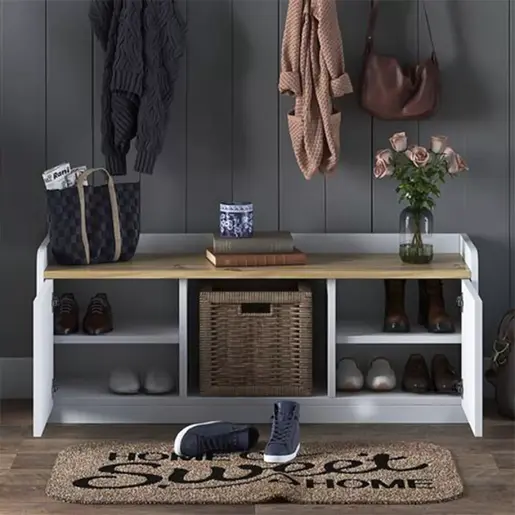 182-000023 Мебел за претсобје – клупа за чевли ARTHUR I со капацитет за 8 пара, во бела-орев боја 120×40×45 cm