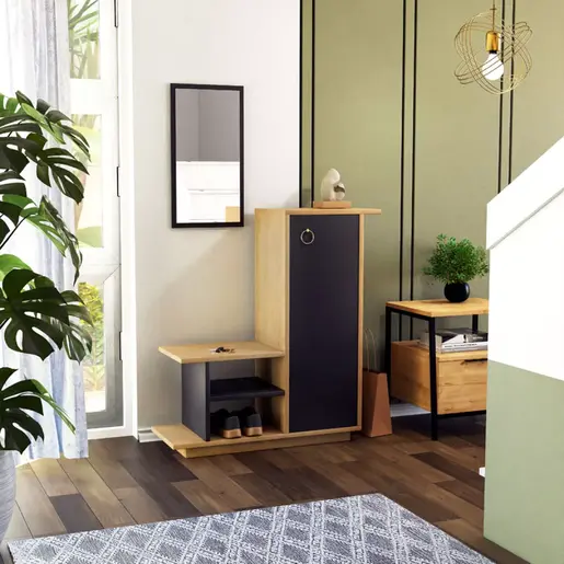 120-000006 Мебел за претсобје со огледало CEEL во бела-орев боја 80×29.5×90 cm