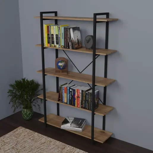 321-000001 Полица за книги Reson даб меламин-црн метал 120x34x180cm
