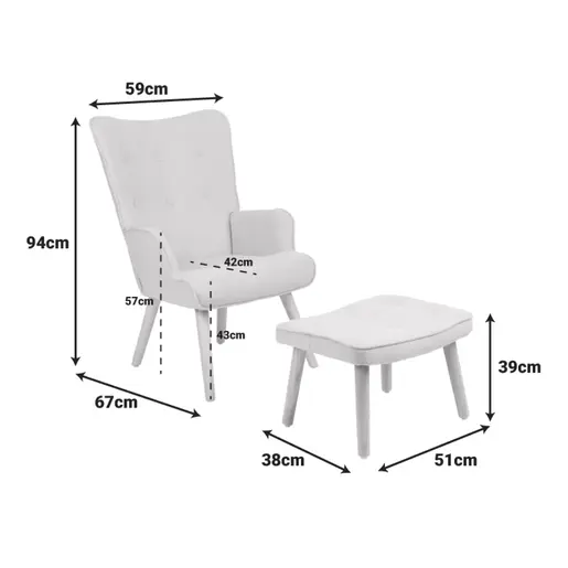 255-000078 Melisia фотелја со табуретка ментол ткаенина-дрвени ногарки