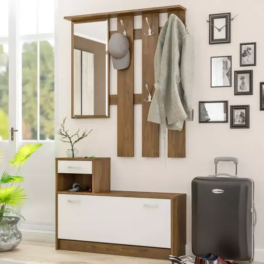 173-000022 Мебел за претсобје JAMIE во орев-бела боја 100×27.5×187 cm