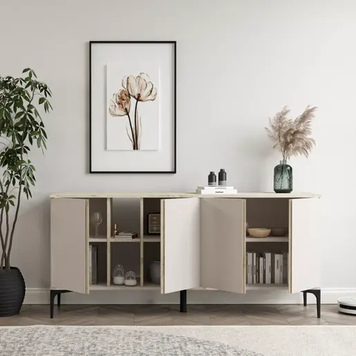 197-000268 Vetine комода во сиво-беж боја и површина со изглед на мермер 180x45x80cm