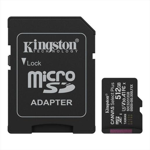 MEMORY CARD KINGSTON MICRO-SD 512GB CANVAS SELECT PLUS C10 UHS-I U1/U3 V10/30 100mb/s read, w/adapter, SDCS3/512GB