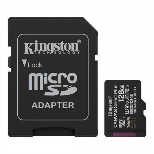 MEMORY CARD KINGSTON MICRO-SD 128GB CANVAS SELECT PLUS C10 UHS-I U1/U3 V10/30 100mb/s read, w/adapter, SDCS3/128GB