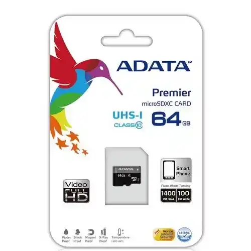 AData Micro SD Card 64GB + SD adapter AUSDX64GUICL10A1-RA1/ class 10