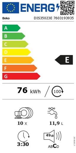 Beko DIS 35023 E вградна машина за садови, 10сета, E, 49dB
