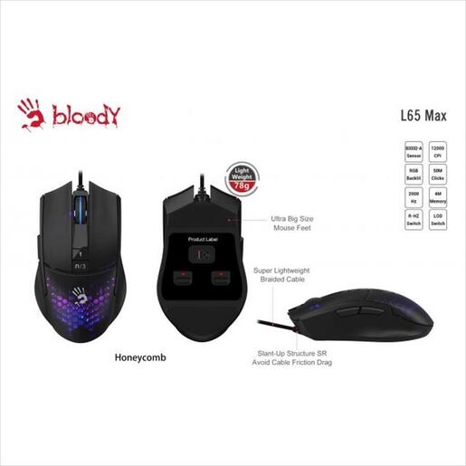 MOUSE WIRED A4TECH Bloody Gaming, L65 Max , RGB, USB, 8000CPI, Stone Black