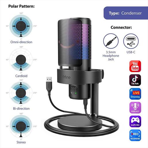 MICROPHONE FIFINE A9 RGB Polar Patterns, w/ARM, USB Type-C, 2.0m cable, Black, A9