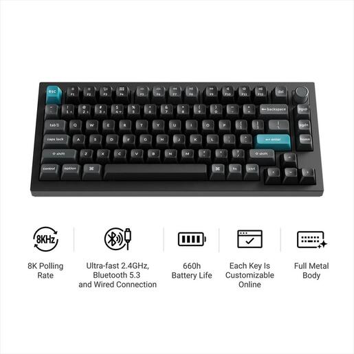 KEYBOARD WIRELESS MECHANICAL KEYCHRON Q1 ULTRA 8K ALUMINIUM HS RGB LED 75% Silk POM RED switch,Multi-Device (Wired,2.4Ghz,BT), BLACK, Q1U-M1