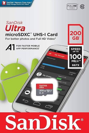 MEMORY CARD SANDISK MICRO-SDXC UHS-I 200GB ULTRA A1C10 w/adapter 100mb/s SDSQUAR-200G-GN6MA