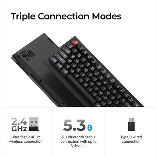 KEYBOARD WIRELESS MECHANICAL KEYCHRON V1 ULTRA 8K Polling Rate 75%, HS, RGB, Keychron Silk POM RED switch, OSA PBT, Black, w/knob, V1U-D1