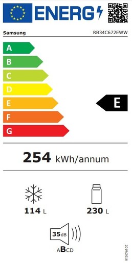 SAMSUNG RB34C672EWW/EK, 344L(230/114), E, 185.3 комбиниран фрижидер