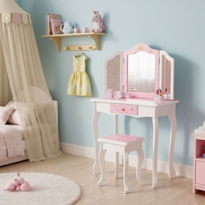 ECO TOYS Veliki dečiji toaletni sto za devojčice sa trostrukim ogledalom, stolicom i fiokom, ECOTOYS W08H094
