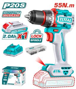 TOTAL Aku bušilica 20v,BL,55NM,1 bat 2Ah + punjač 2A TDLI205582