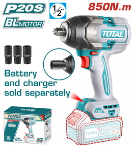 TOTAL BL-Litijum-jonski udarni odvijač 1/2",20v, 850Nm,tri brzine, SOLO TIWLI20851
