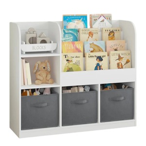 KINDER HOME Dečiji organizator, polica za knjige sa policama za igračke i knjige, 3 tekstilne kutije, drveni, beli, 92x30x80 cm, Montesori