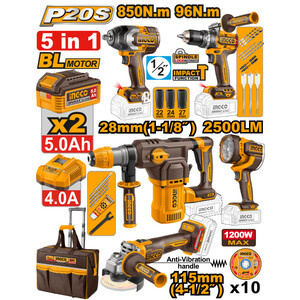 INGCO aku set COSLI251193E (buš 96NM+brus+ud.odv. 850NM+hamer+lampa)