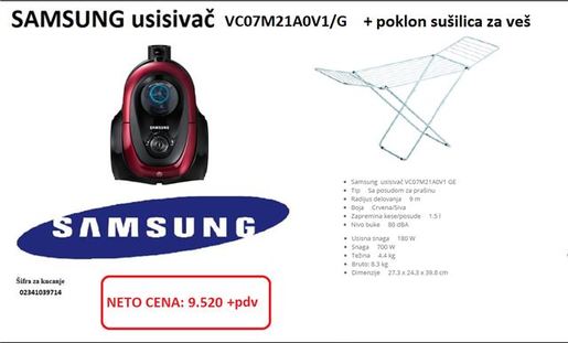 SAMSUNG usisivač VC07M21A0V1/GE, sa posudom, crveni +sušilica JOLLY
