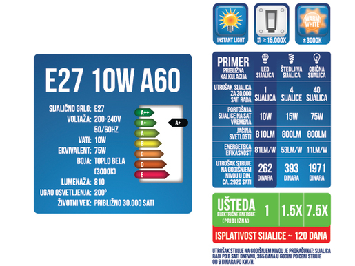 LED Sijalica/ E27/ 10W / 220V/ Toplo bela / 3000K/ 810 Lm