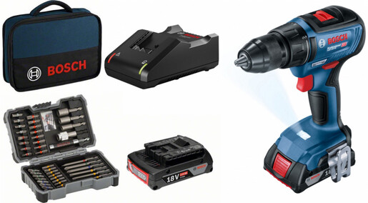 Bosch akumulatorska bušilica - odvrtač GSR 18V-50 + 43-delni set pribora; 18V; 2x2,0Ah (06019H5004)