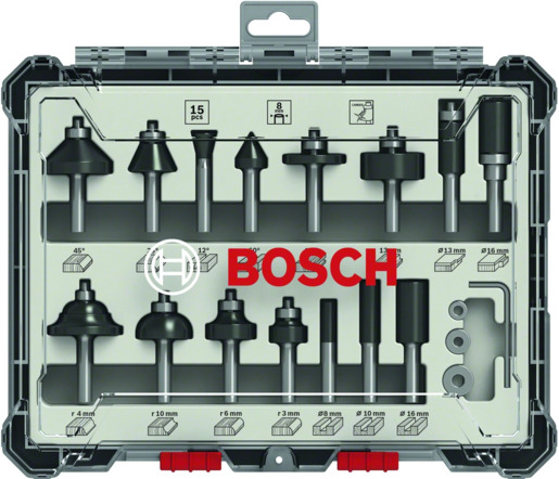 Bosch komplet raznih glodala, 15 komada, prihvat od 8 mm (2607017472)