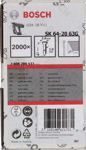 Bosch ravni ekser sa upuštenom glavom SK64 20G 63 mm, pocinkovan (2608200533)