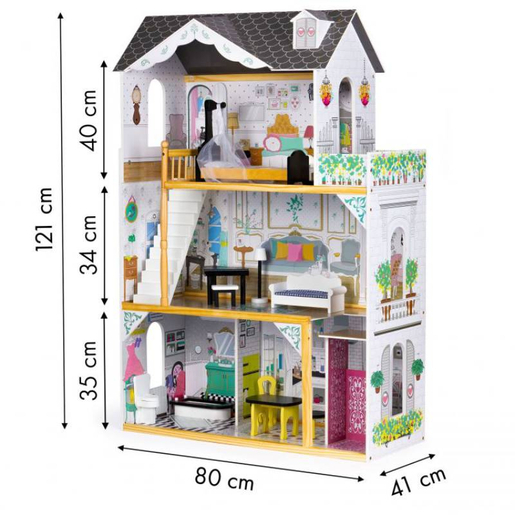 VELIKA DRVENA KUĆICA ZA LUTKE SA NAMJEŠTAJEM I LIFTOM