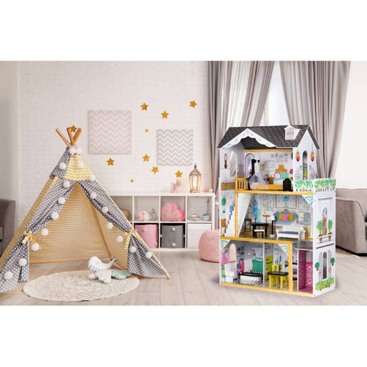 VELIKA DRVENA KUĆICA ZA LUTKE SA NAMJEŠTAJEM I LIFTOM