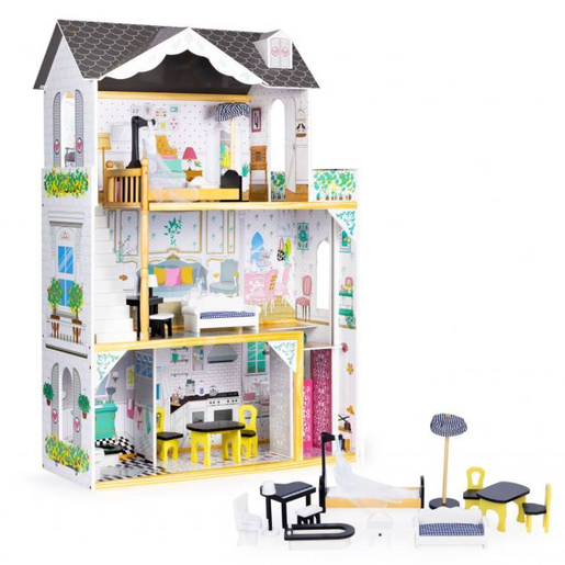 VELIKA DRVENA KUĆICA ZA LUTKE SA NAMJEŠTAJEM I LIFTOM